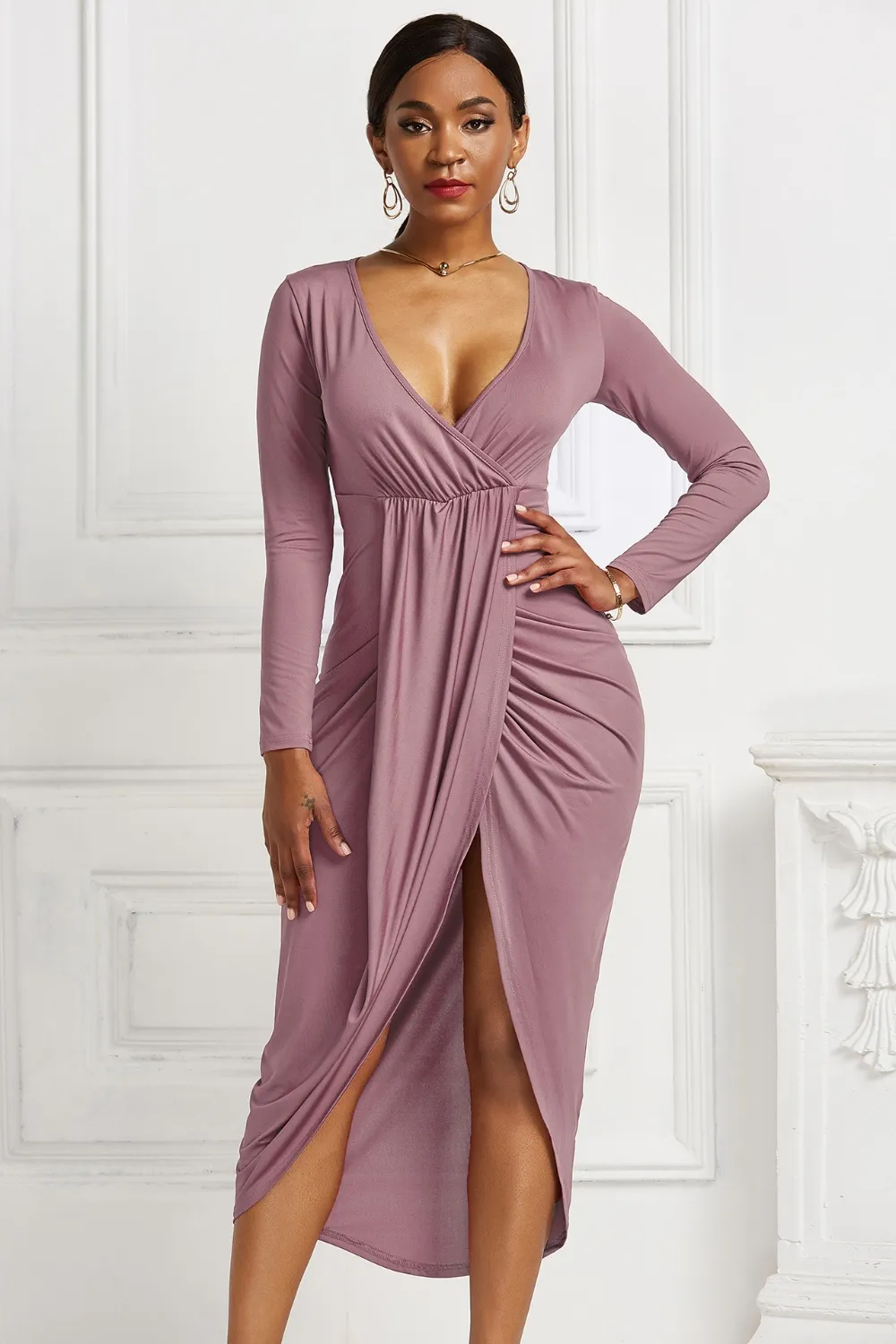 High-low Ruched Surplice Long Sleeve Dress, image 27
