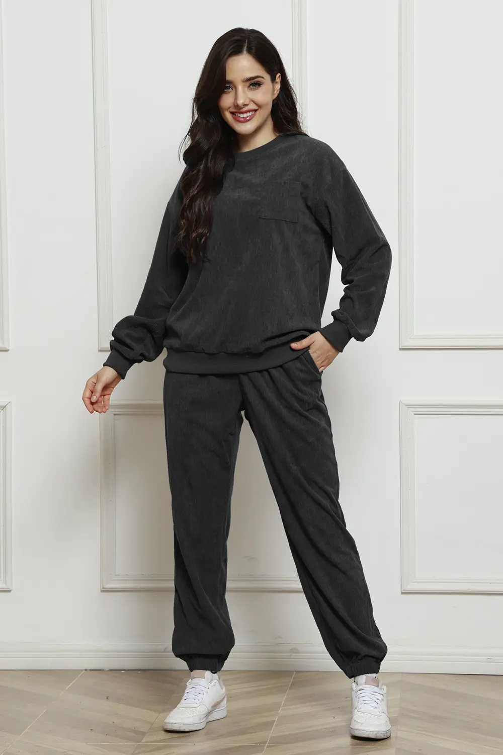 Corduroy Round Neck Sweatshirt and Sweatpants Set, image 5