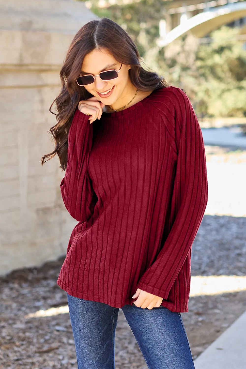 Full Size Ribbed Round Neck Long Sleeve Knit Top, image 14