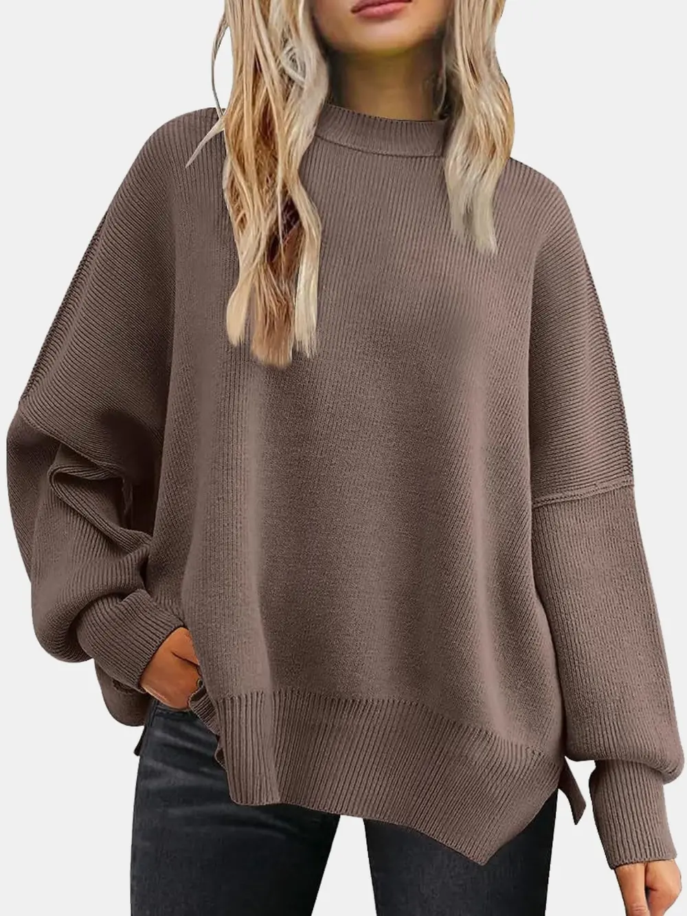 Round Neck Drop Shoulder Slit Sweater, image 9