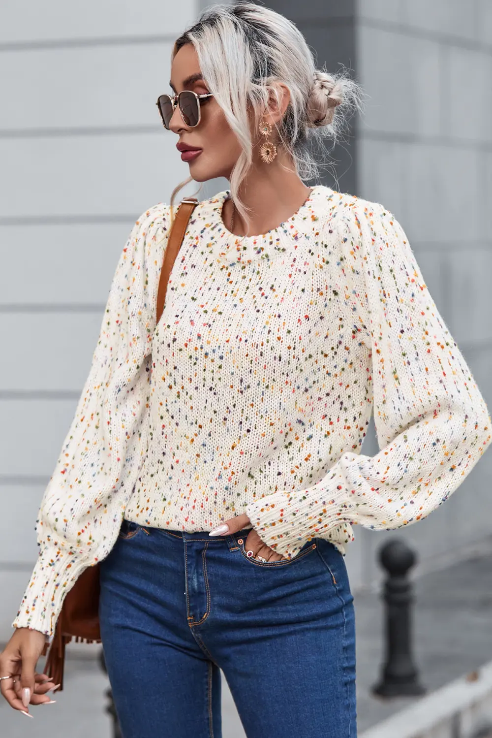 Heathered Round Neck Lantern Sleeve Sweater, image 5