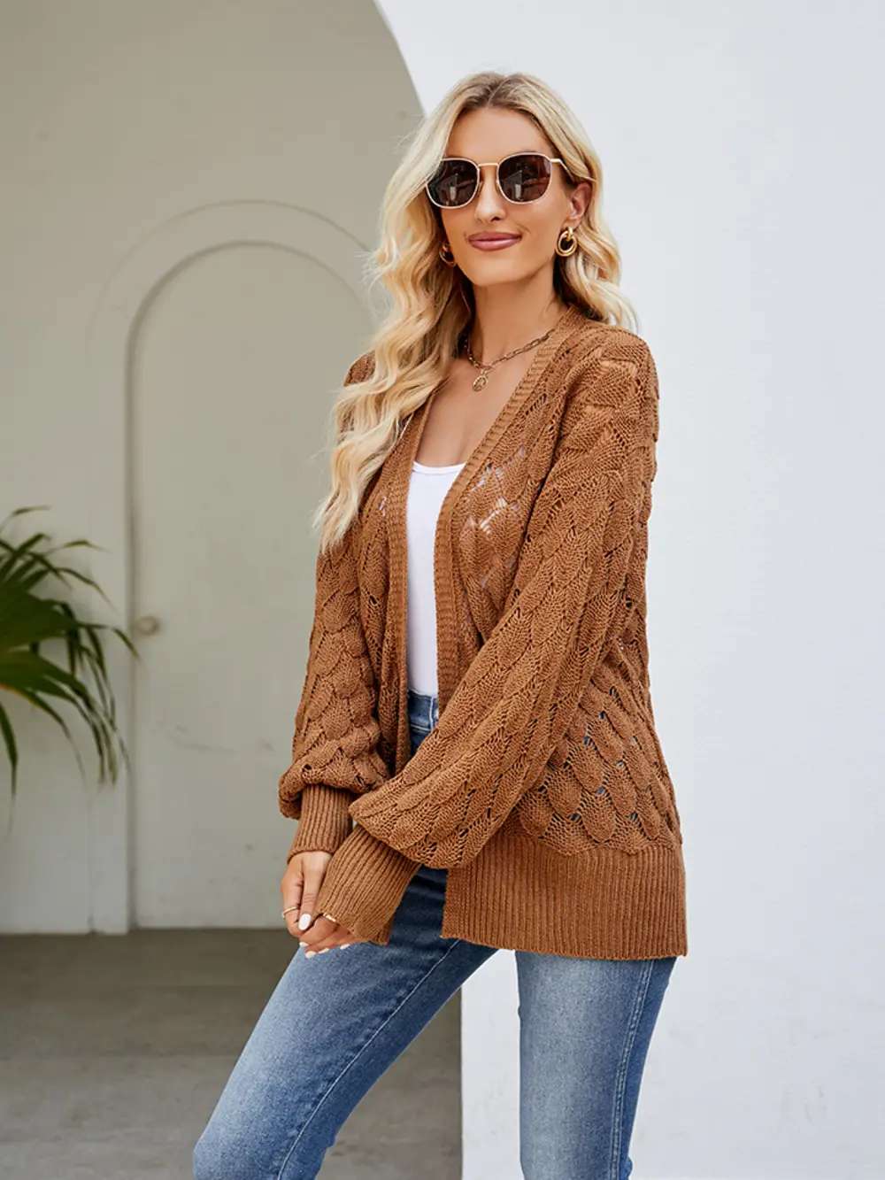 Openwork Open Front Lantern Sleeve Cardigan, image 4