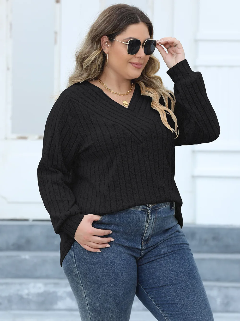 Plus Size Ribbed V-Neck Long Sleeve Top, image 8