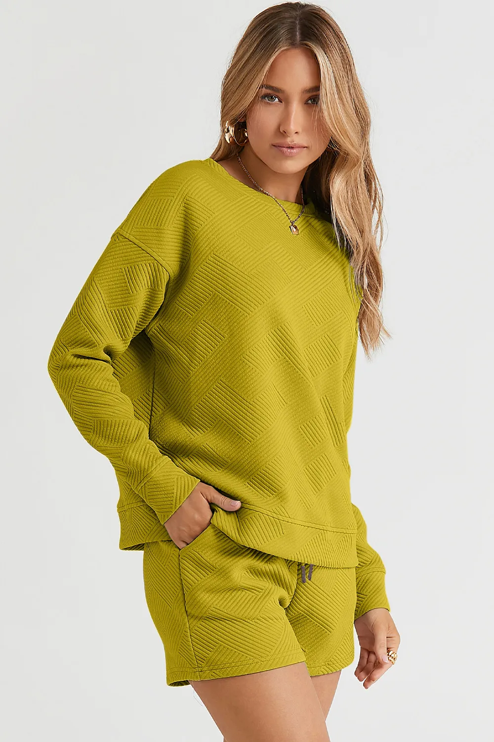 Full Size Texture Long Sleeve Top and Drawstring Shorts Set, image 17