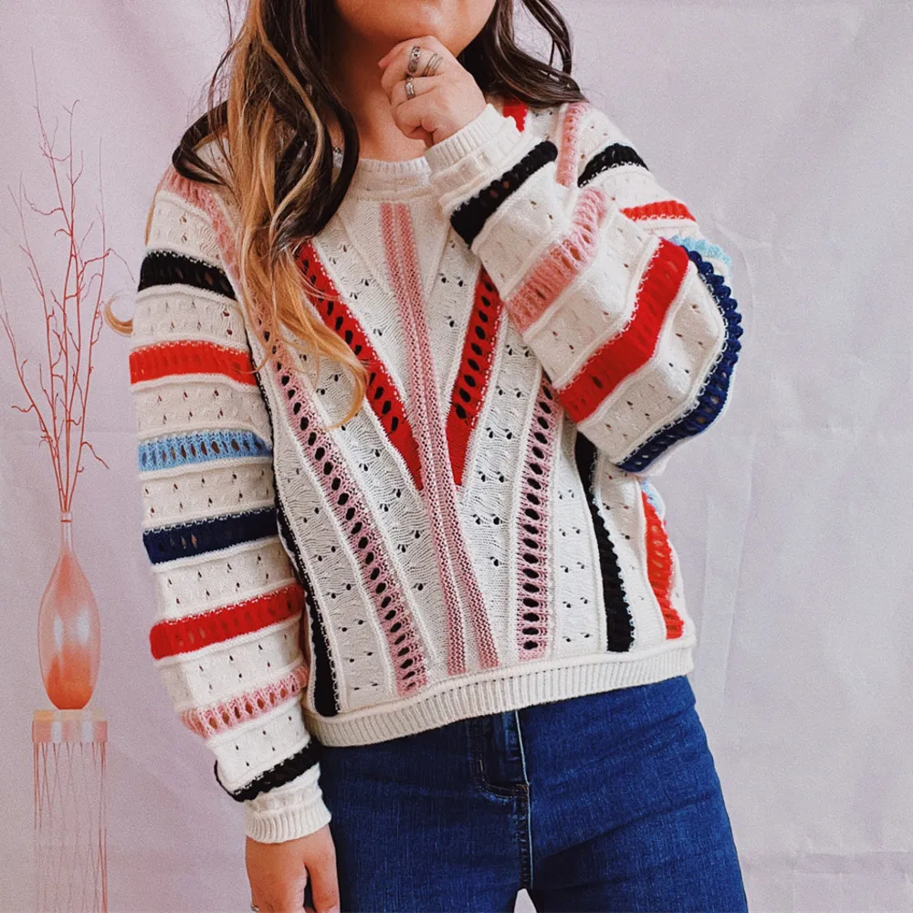 Striped Openwork Round Neck Sweater, image 4