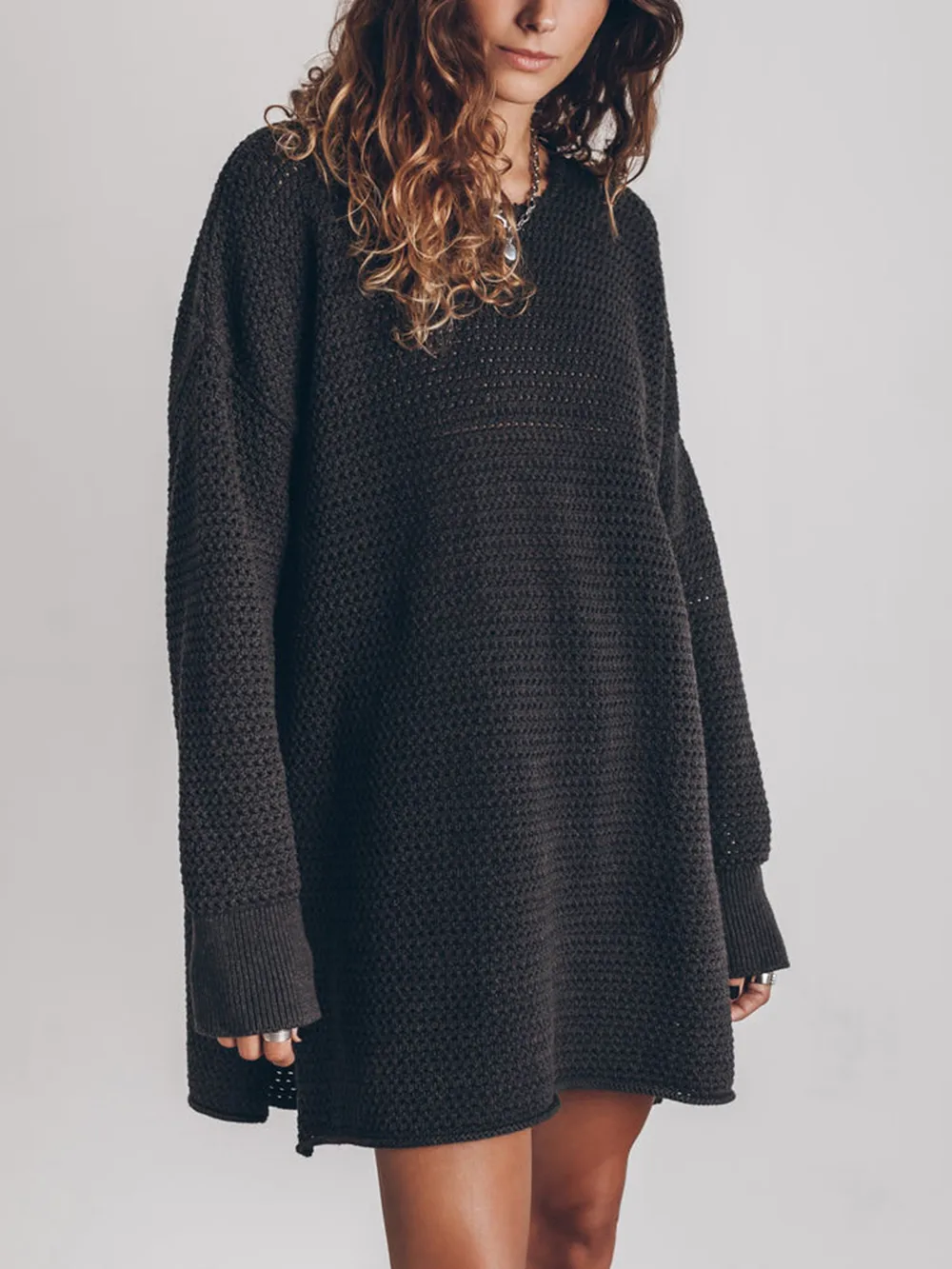 Openwork Round Neck Long Sleeve Slit Sweater, image 6