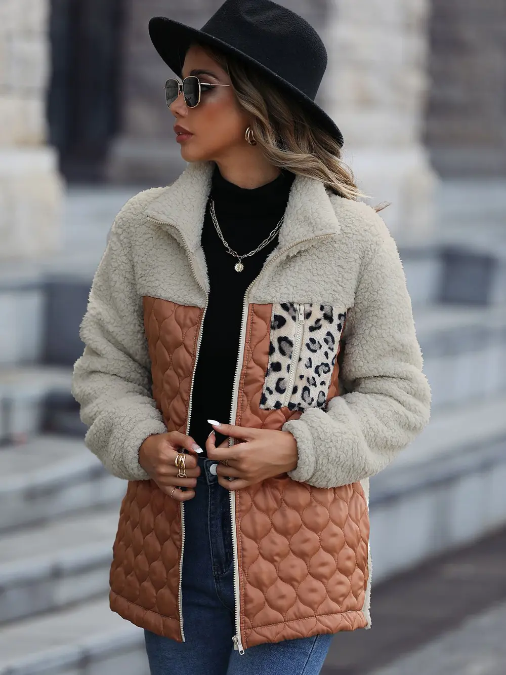 Leopard Color Block Zip-Up Jacket, image 3