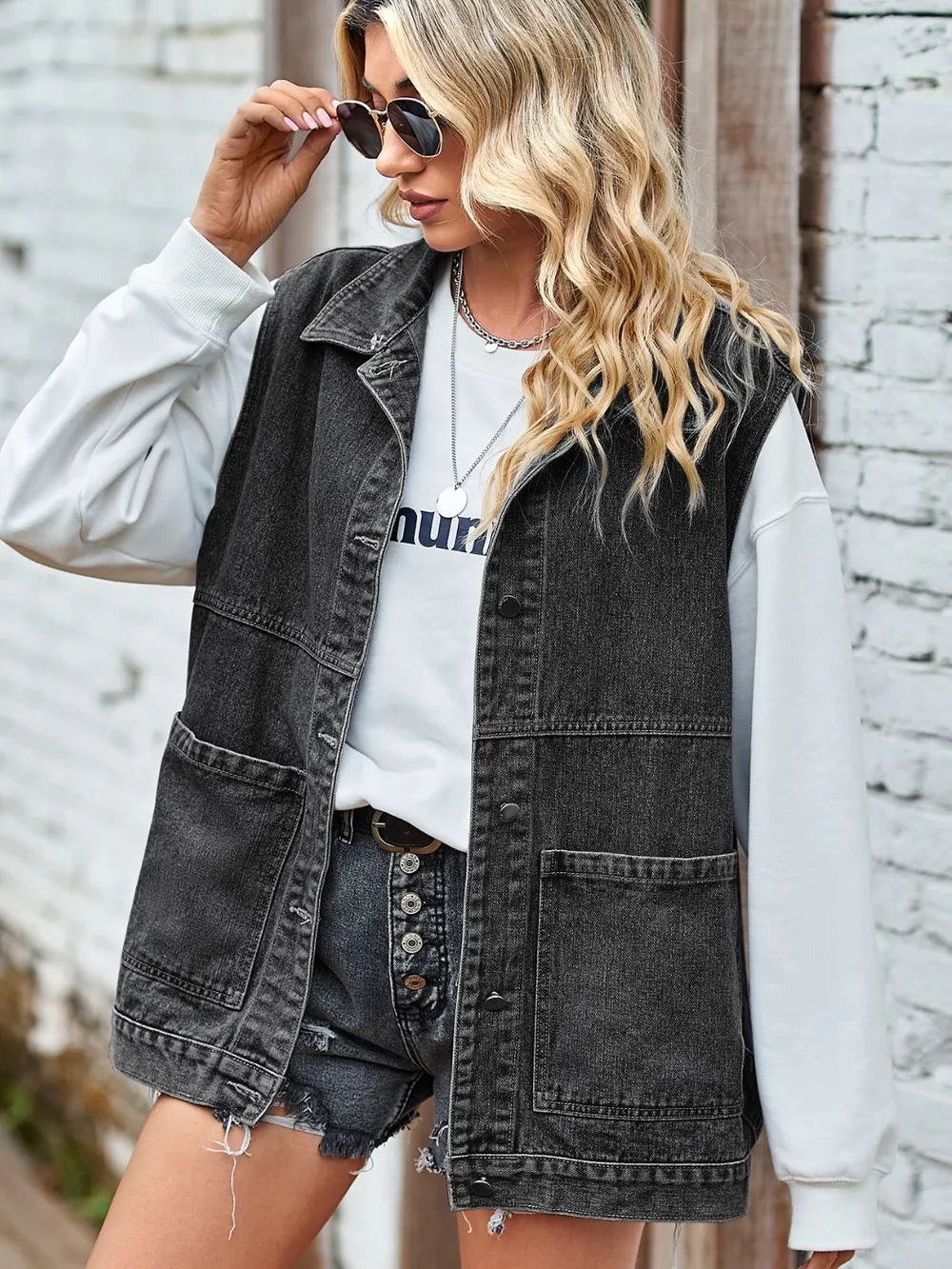 Button Front Sleeveless Denim Jacket, image 6