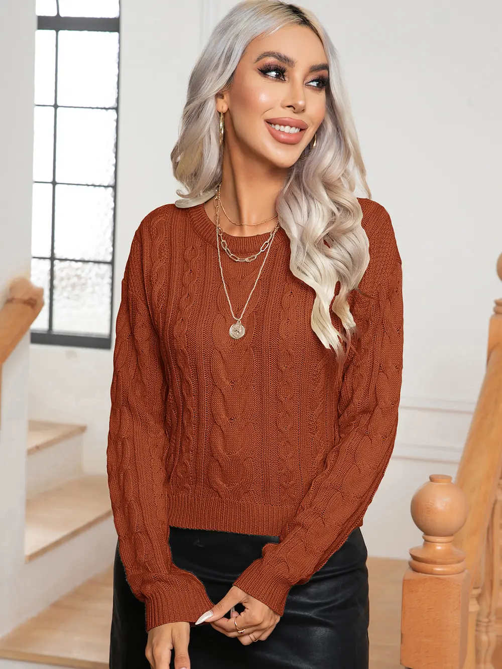 Cable-Knit Round Neck Long Sleeve Sweater, image 8