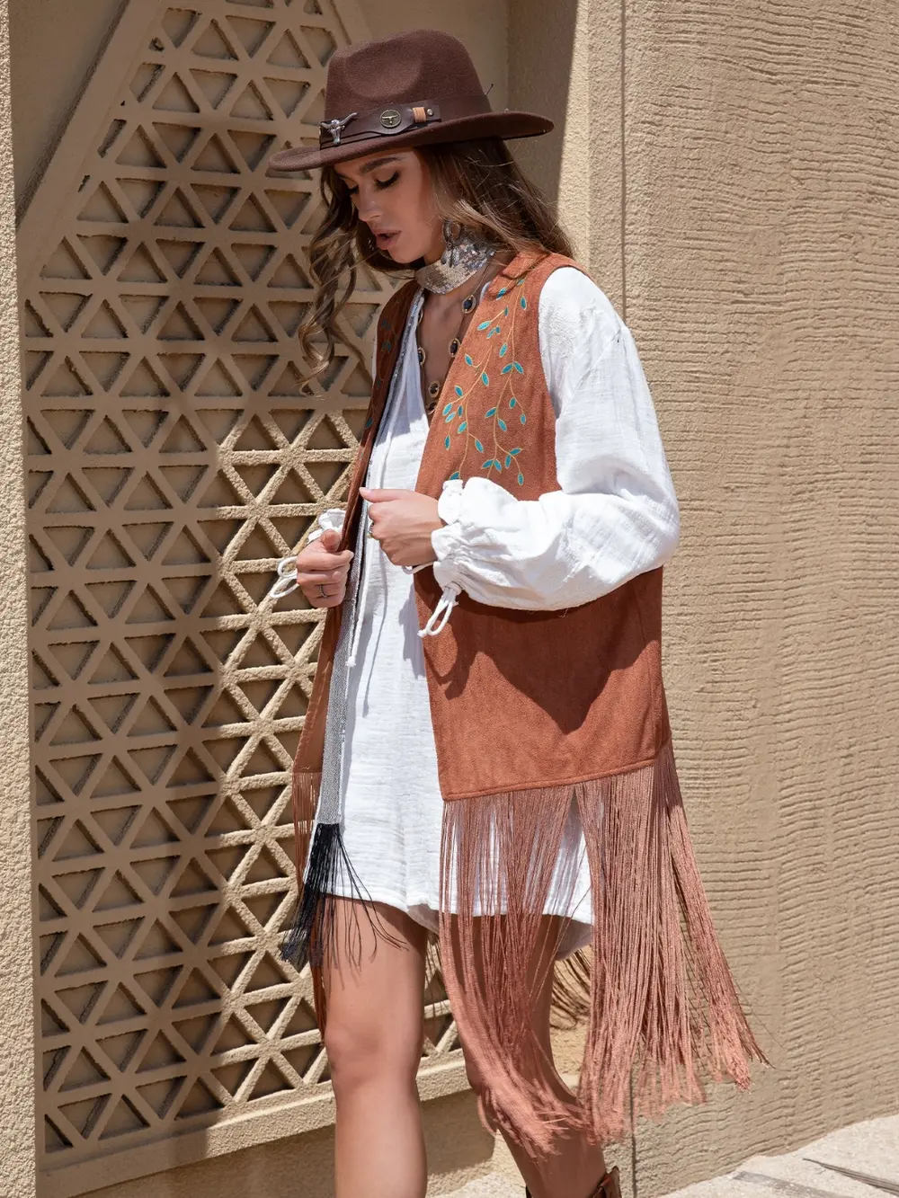 Faux Suede Fringe Hem Open Front Vest, image 15