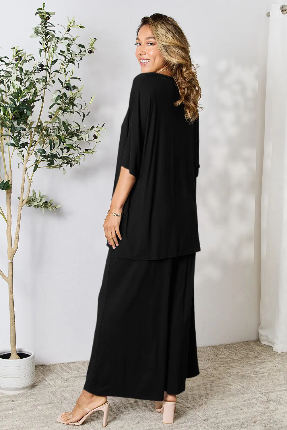 Full Size Round Neck Slit Top and Pants Set, image 30