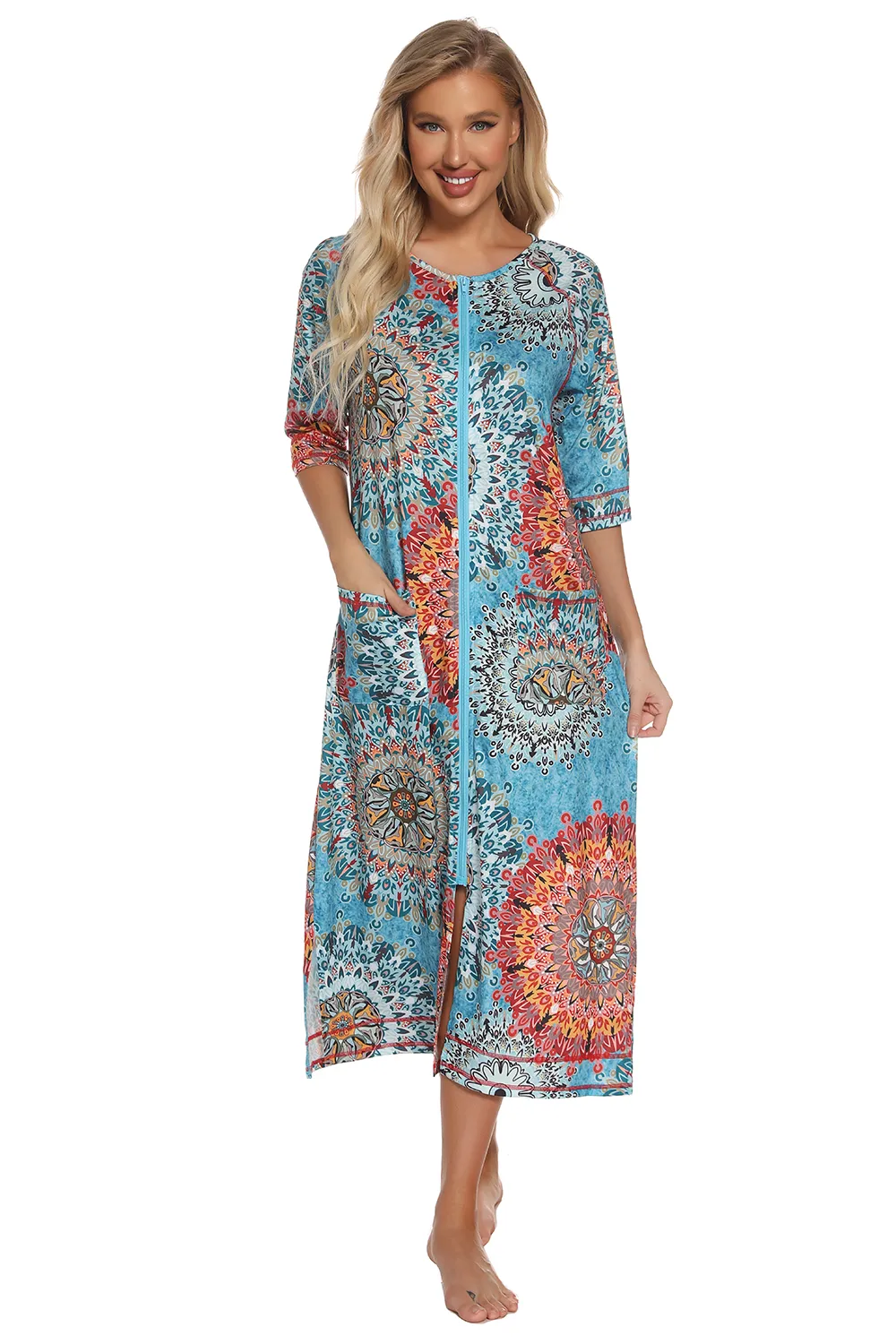 Printed Slit Night Dress with Pockets, image 9