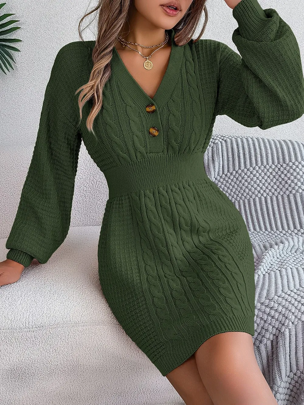 Buttoned Cable-Knit V-Neck Sweater Dress, image 15