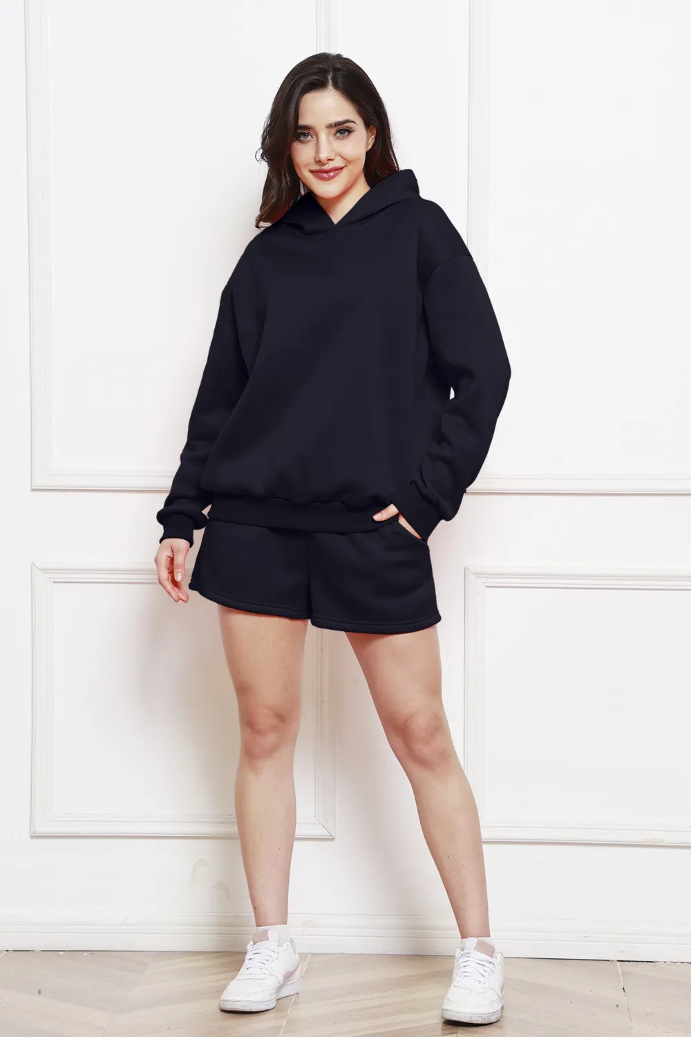 Drop Shoulder Long Sleeve Hoodie and Shorts Set, image 4