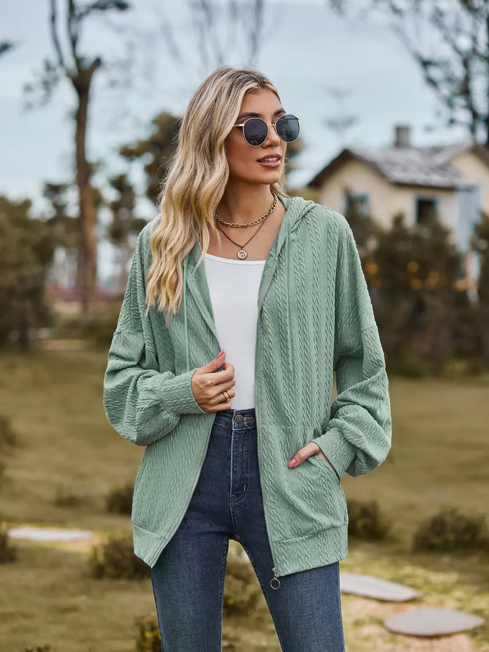 Zip Up Drawstring Long Sleeve Hooded Jacket, image 4