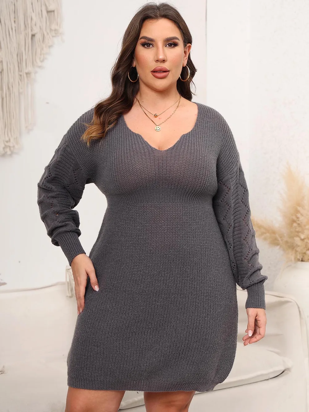 Plus Size Dropped Shoulder Long Sleeve Knit Mini Dress, image 6