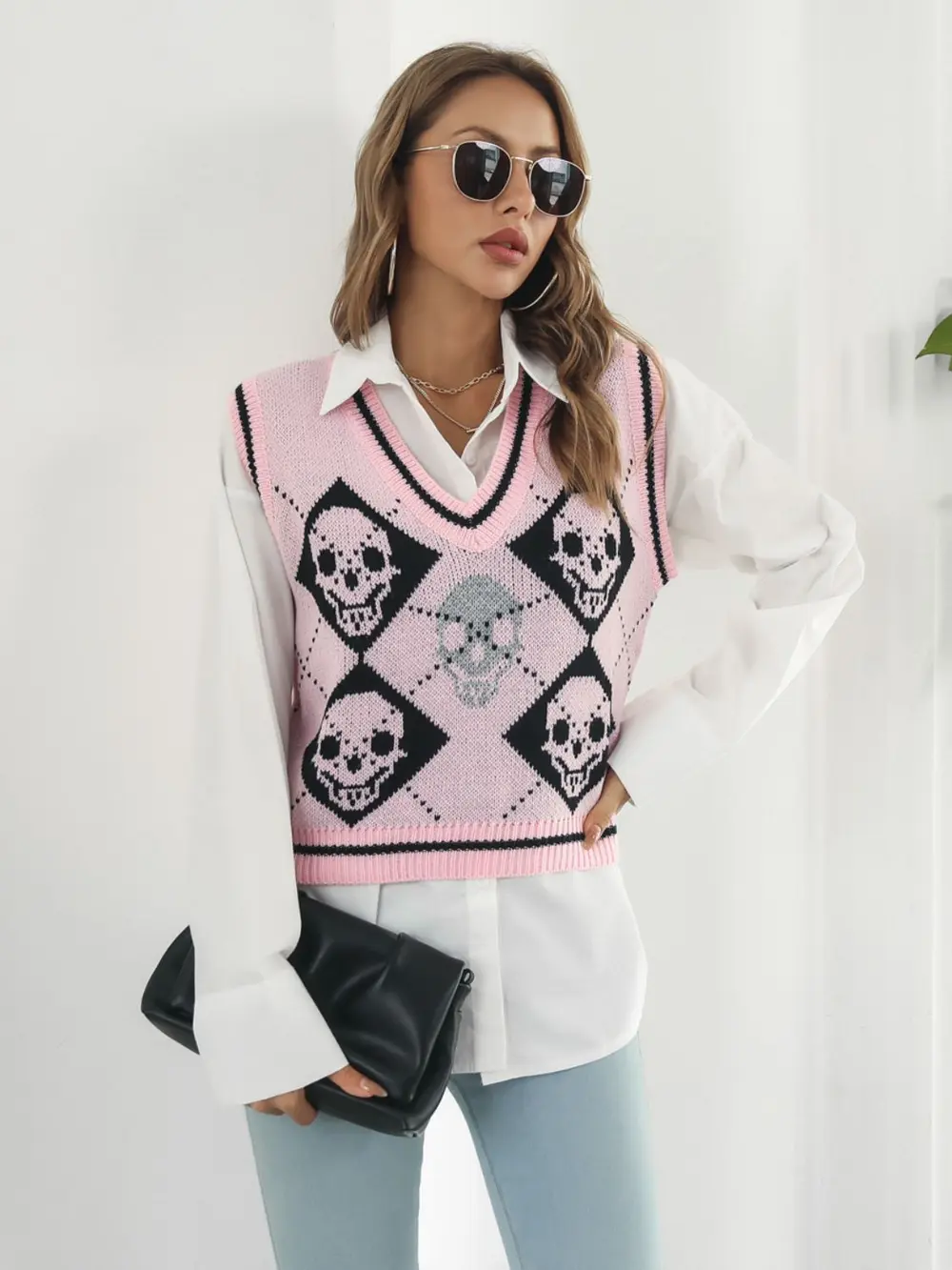 Skull Contrast V-Neck Sweater Vest, image 7