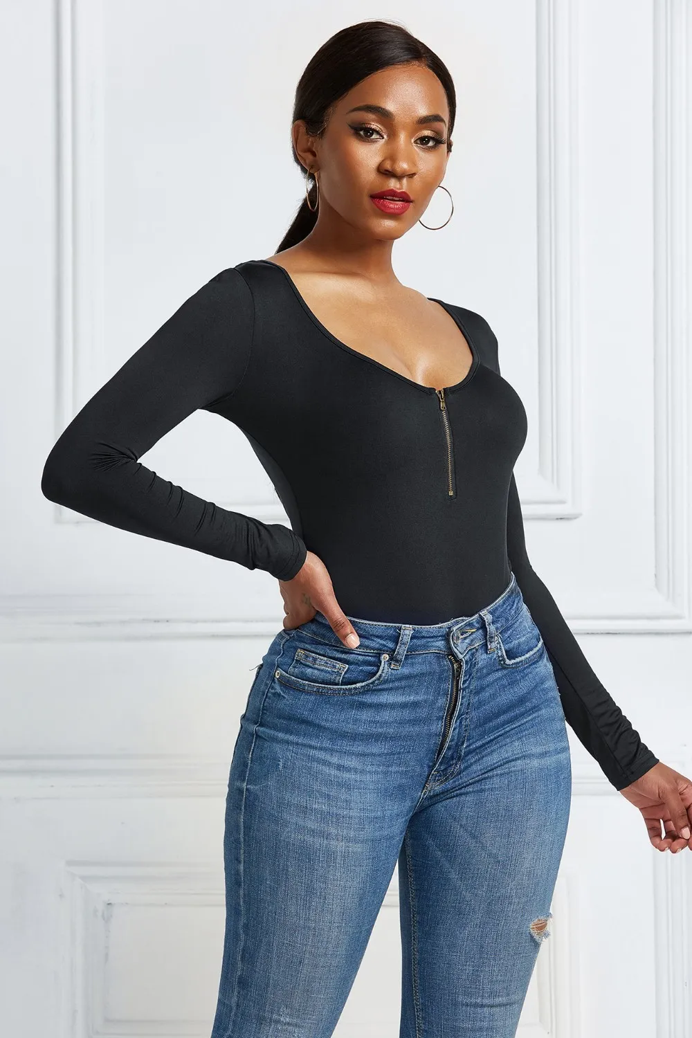 Half Zip Scoop Neck Long Sleeve Bodysuit, image 15
