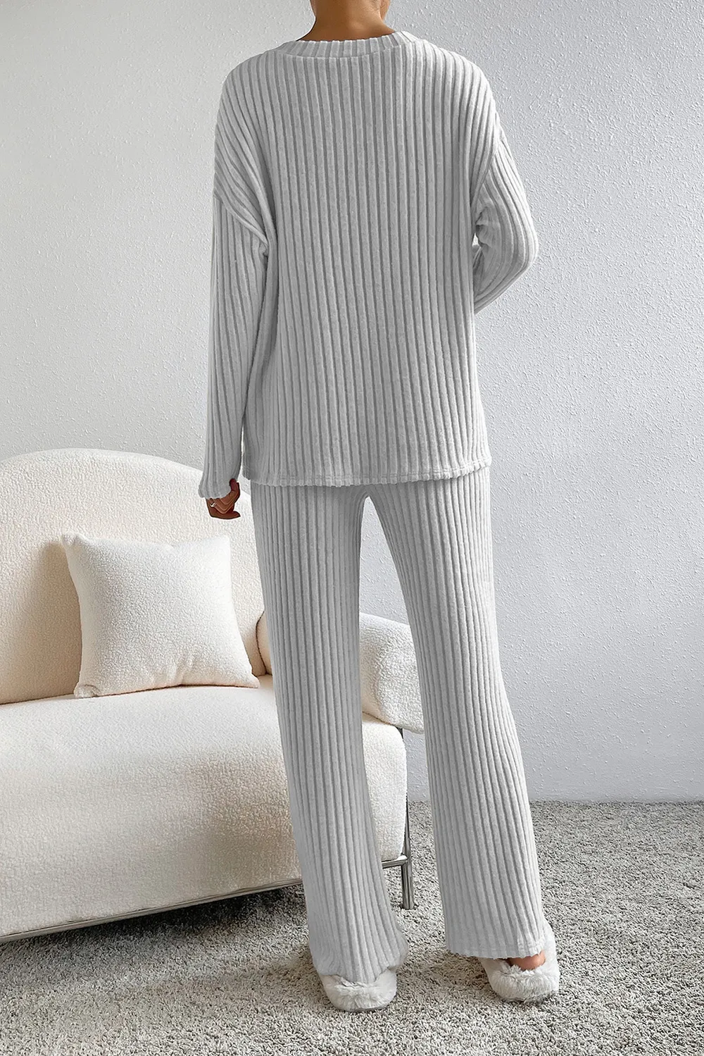 Ribbed V-Neck Top and Pants Lounge Set, image 10