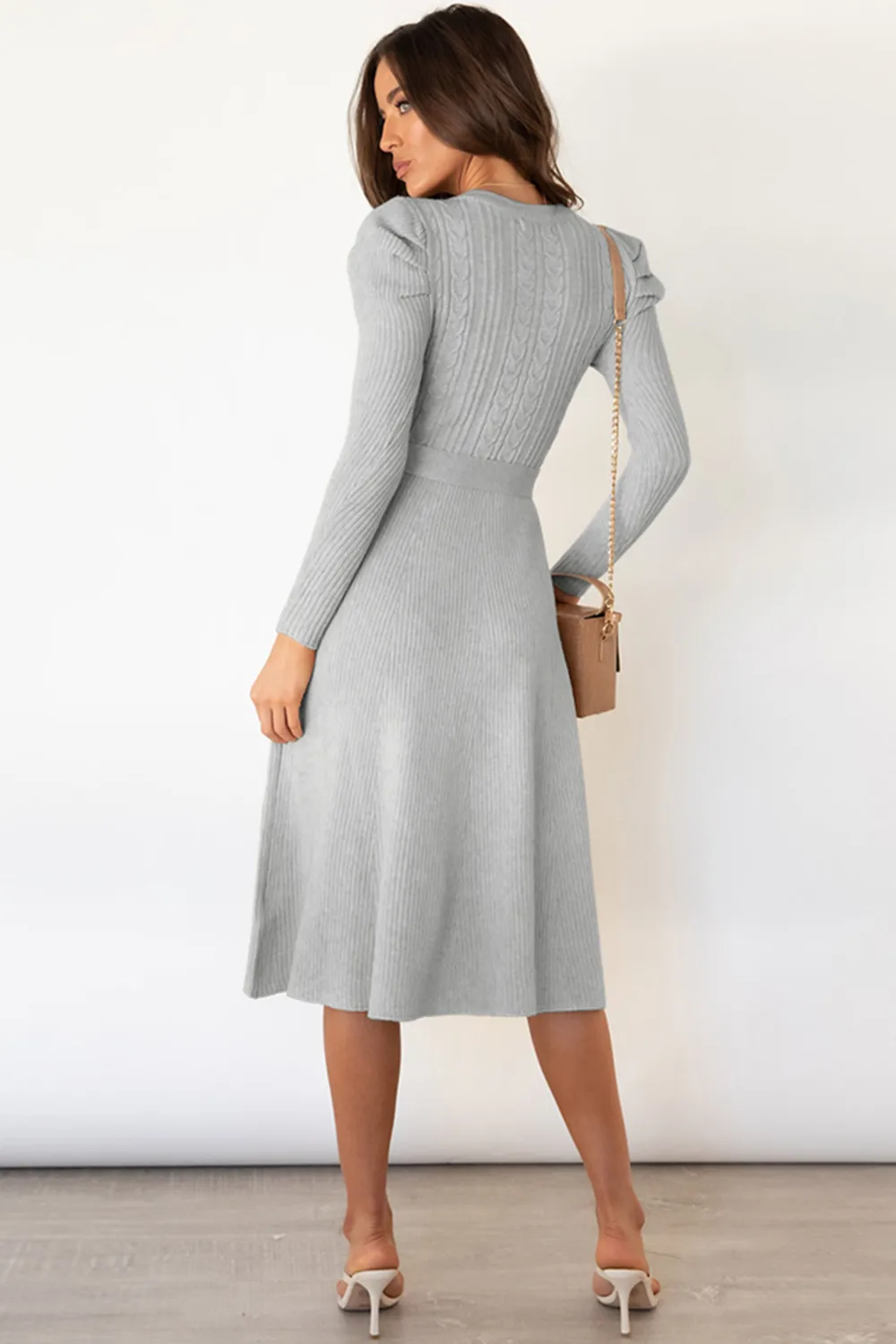 Round Neck Long Sleeve Tie Waist Sweater Dress, image 12