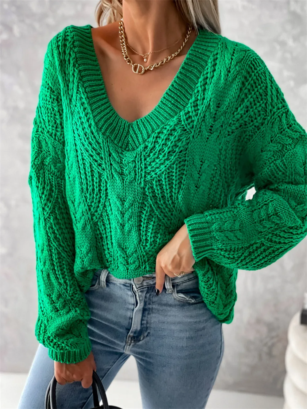 V-Neck Cable-Knit Long Sleeve Sweater, image 10