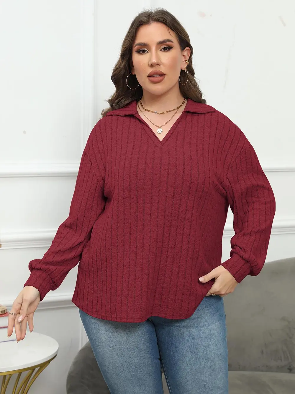 Plus Size Ribbed Collared Neck Long Sleeve Blouse, image 4
