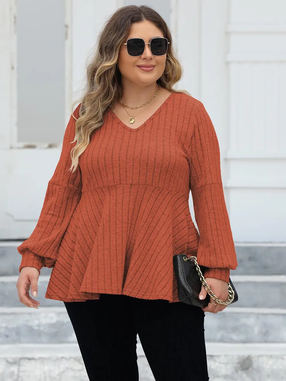 Plus Size Ribbed V-Neck Long Sleeve Blouse, image 10