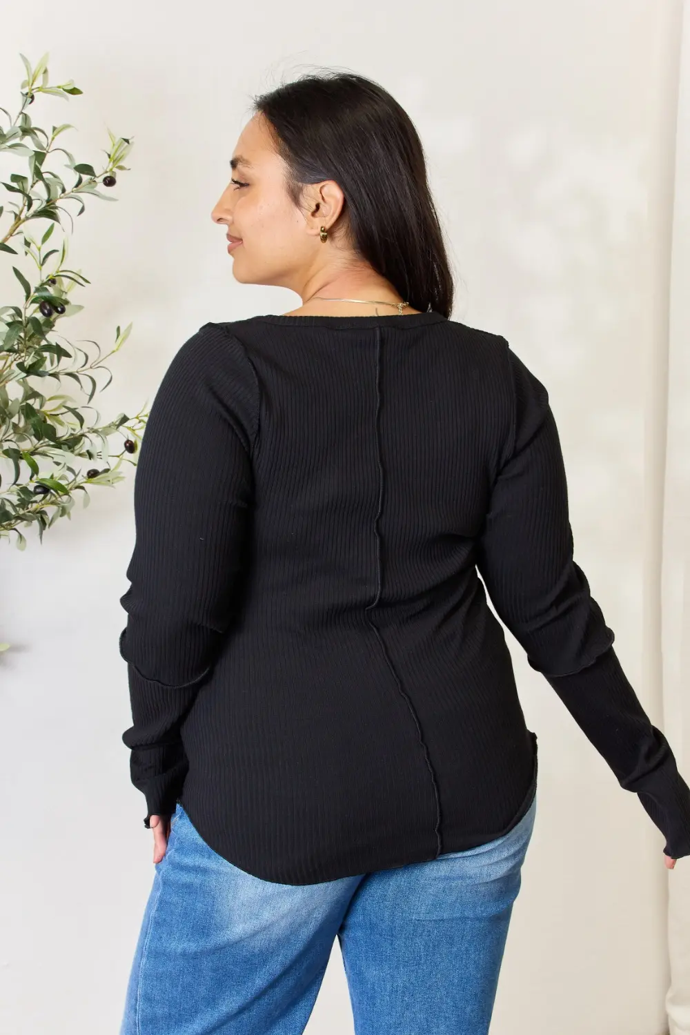 Full Size Ribbed Round Neck Long Sleeve Top, image 2