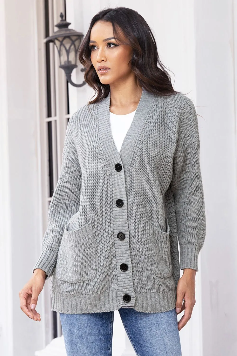 Button Up Long Sleeve Cardigan with Pockets, image 2