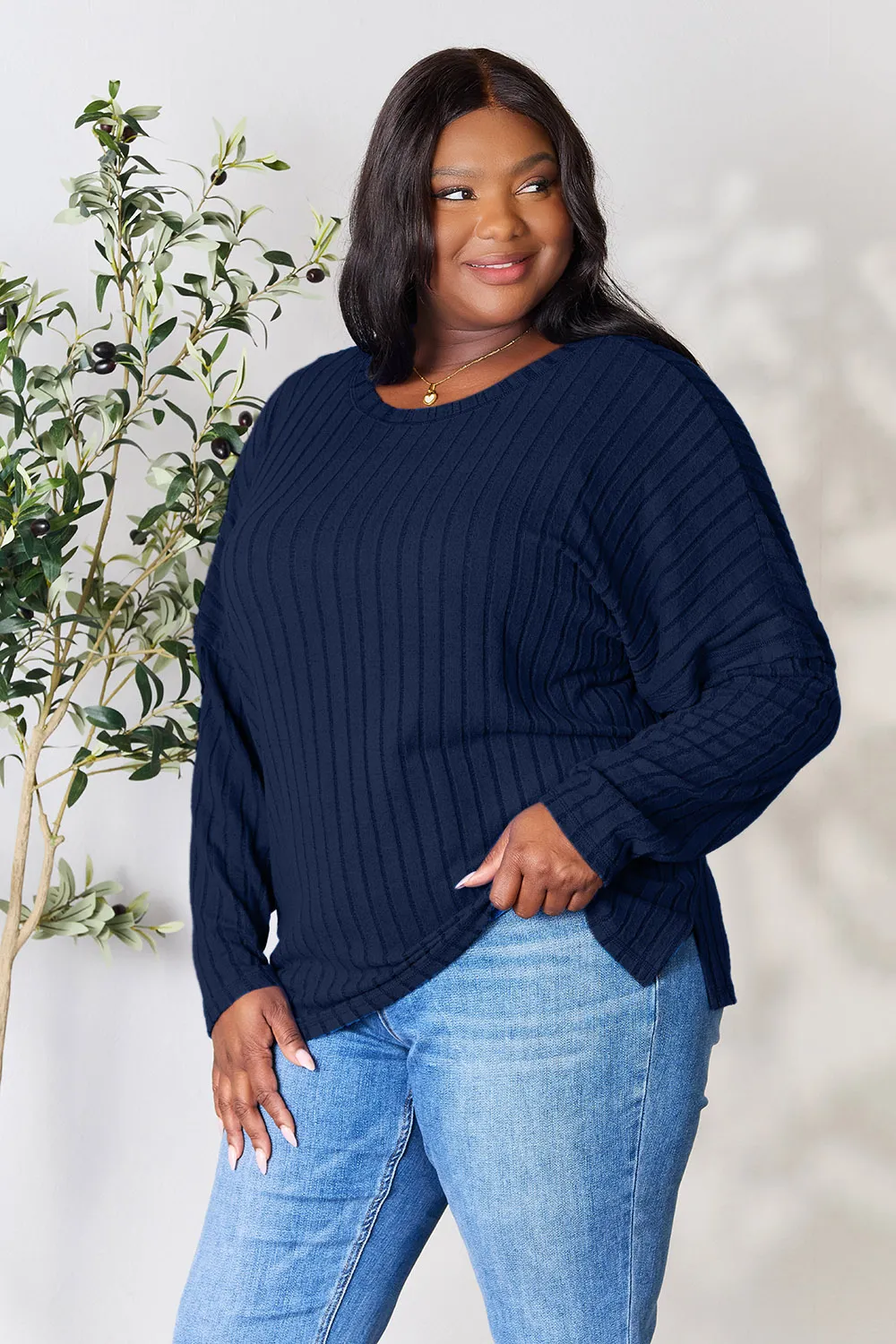 Full Size Ribbed Round Neck Slit Knit Top, image 30
