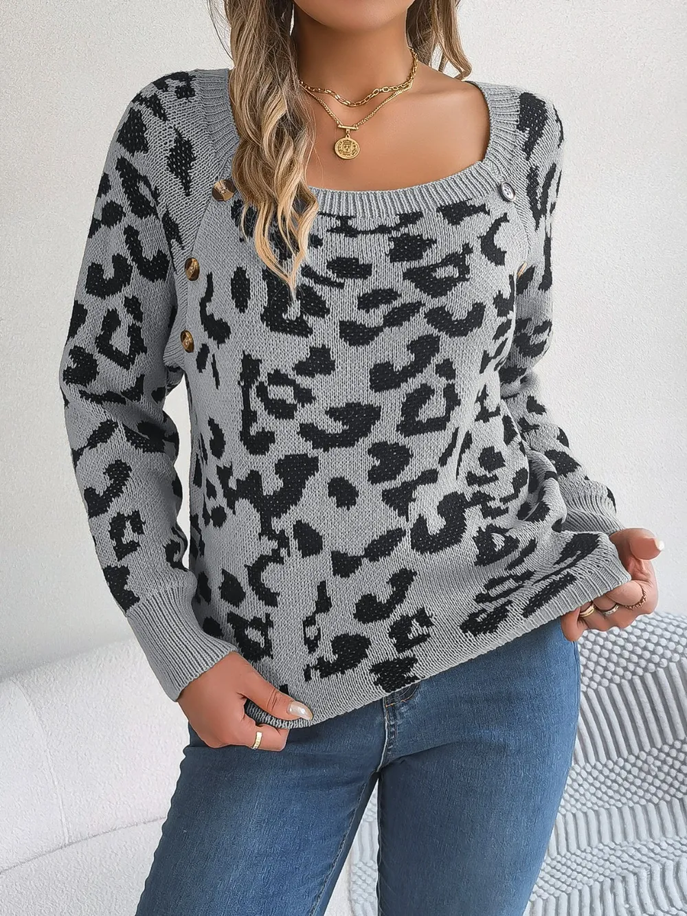 Leopard Buttoned Square Neck Sweater, image 13