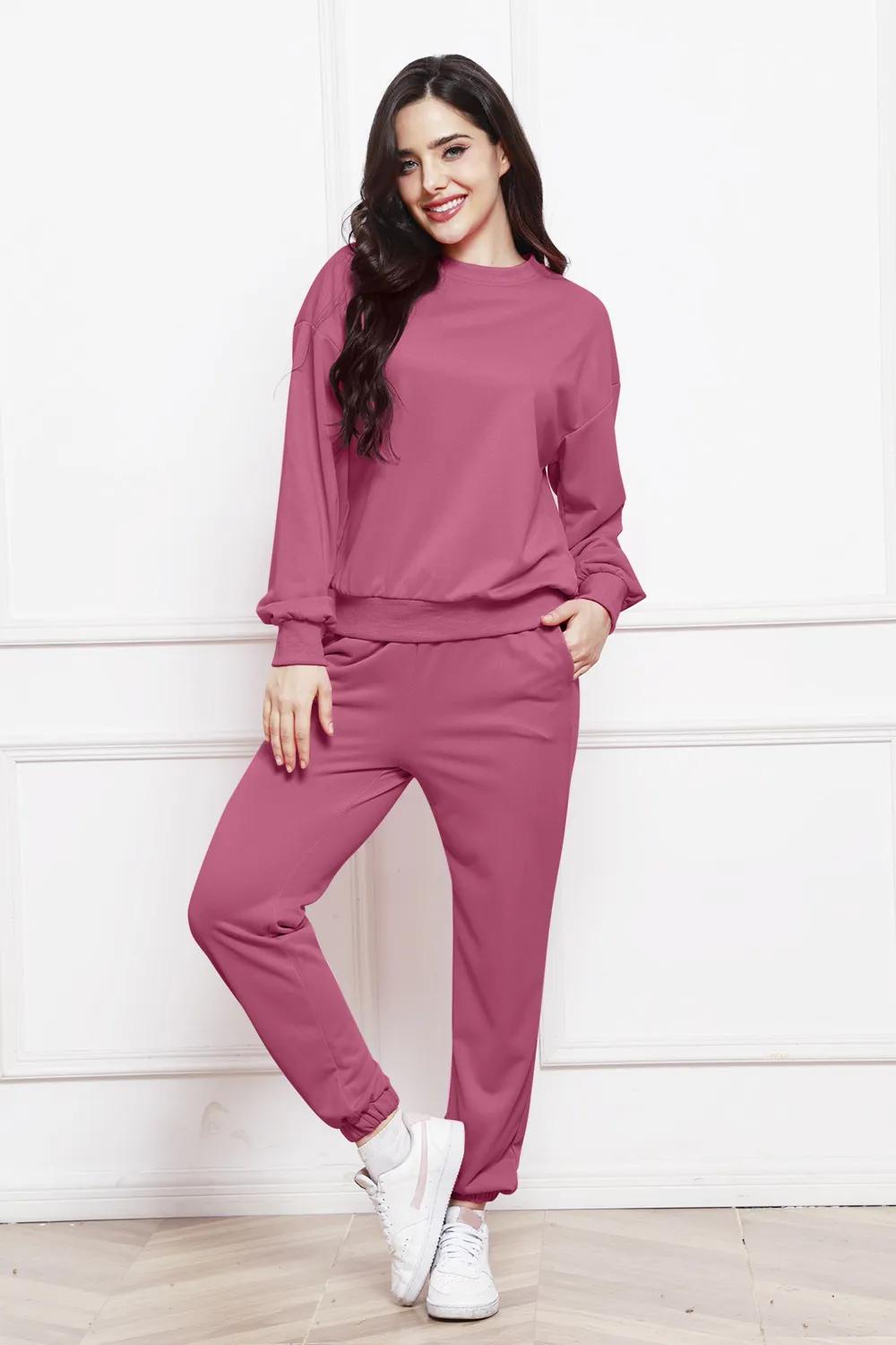 Round Neck Long Sleeve Sweatshirt and Pants Set, image 2