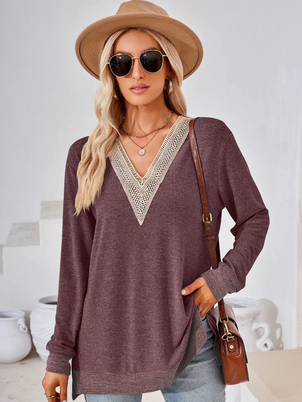 Crochet Contrast V-Neck Long Sleeve Slit T-Shirt, image 29