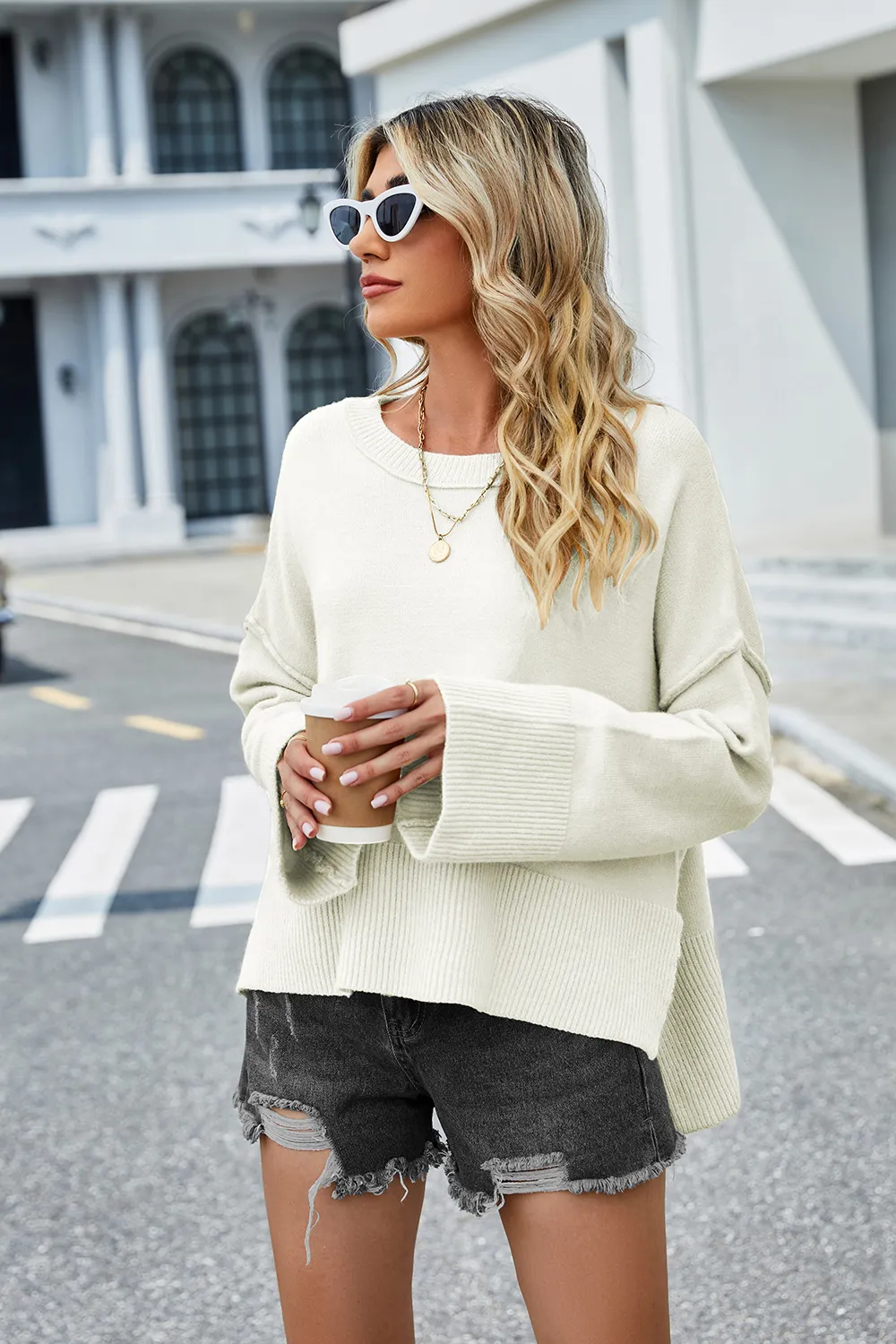 High-Low Slit Round Neck Long Sleeve Sweater, image 9