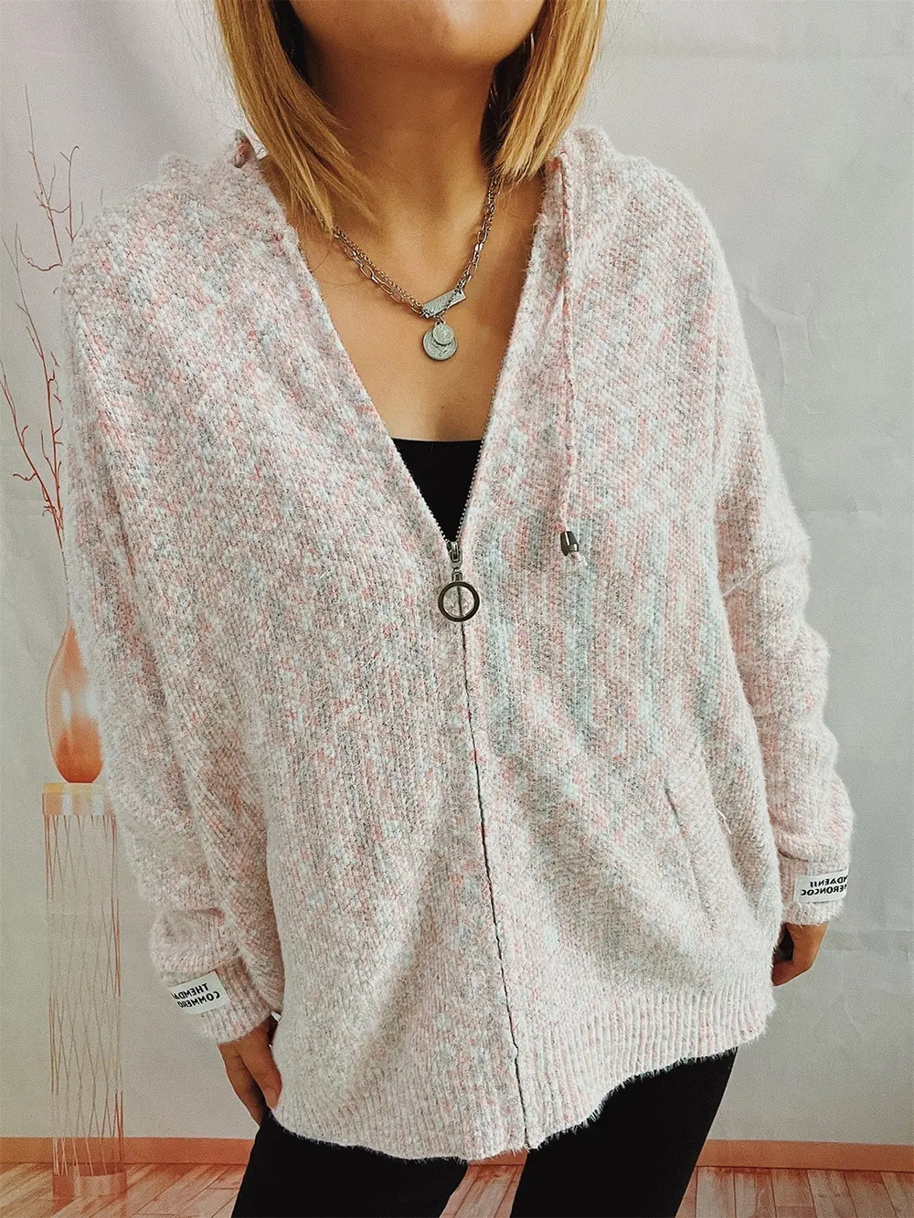 Zip Up Drawstring Long Sleeve Hooded Sweater, image 7