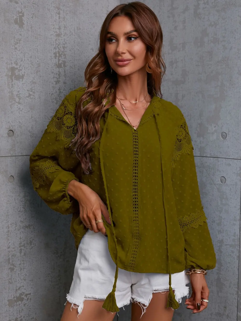 Crochet Tassel Tie Neck Long Sleeve Blouse, image 7