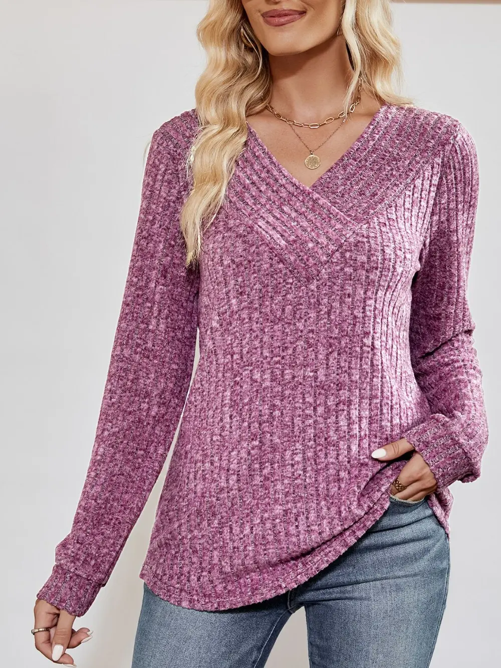 V-Neck Ribbed Long Sleeve Top, image 5