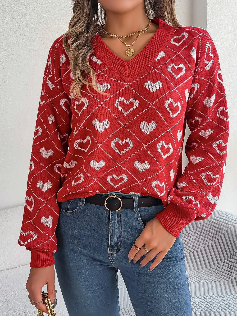 Heart Pattern V-Neck Long Sleeve Sweater, image 6