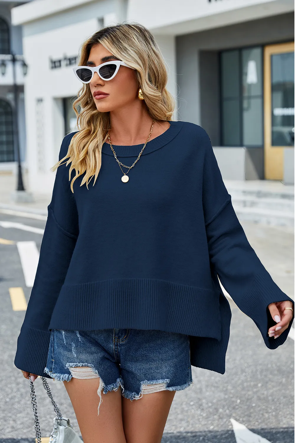 High-Low Slit Round Neck Long Sleeve Sweater, image 16