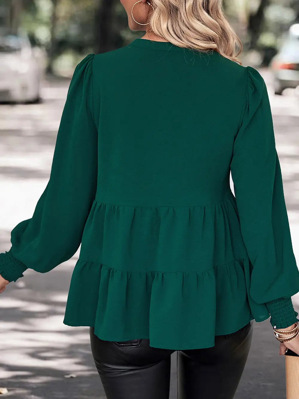 Notched Neck Lantern Sleeve Blouse, image 2