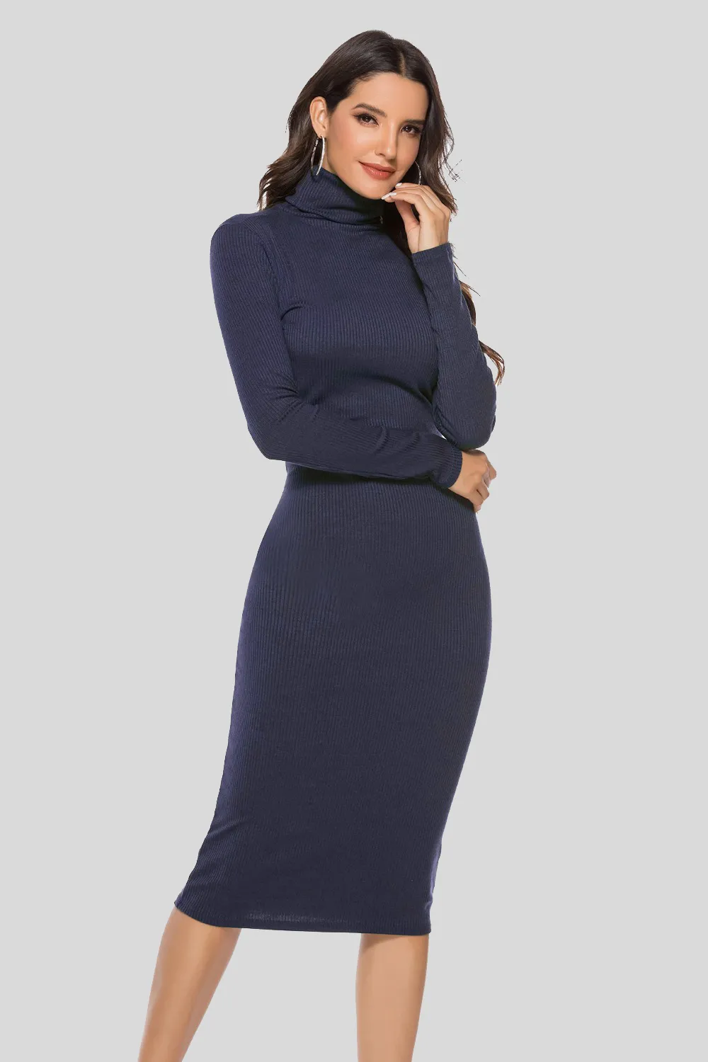 Ribbed Turtleneck Long Sleeve Dress, image 2