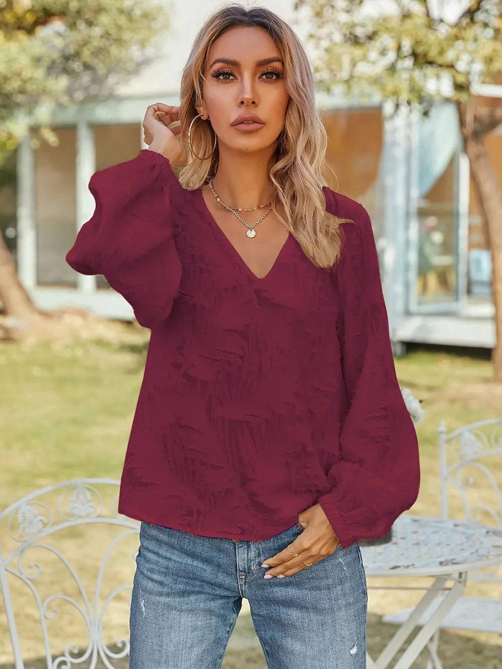V-Neck Long Sleeve Blouse, image 12