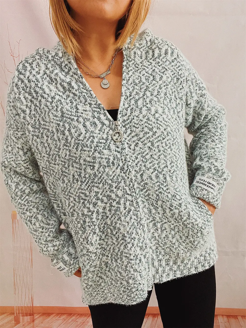 Zip Up Drawstring Long Sleeve Hooded Sweater, image 9