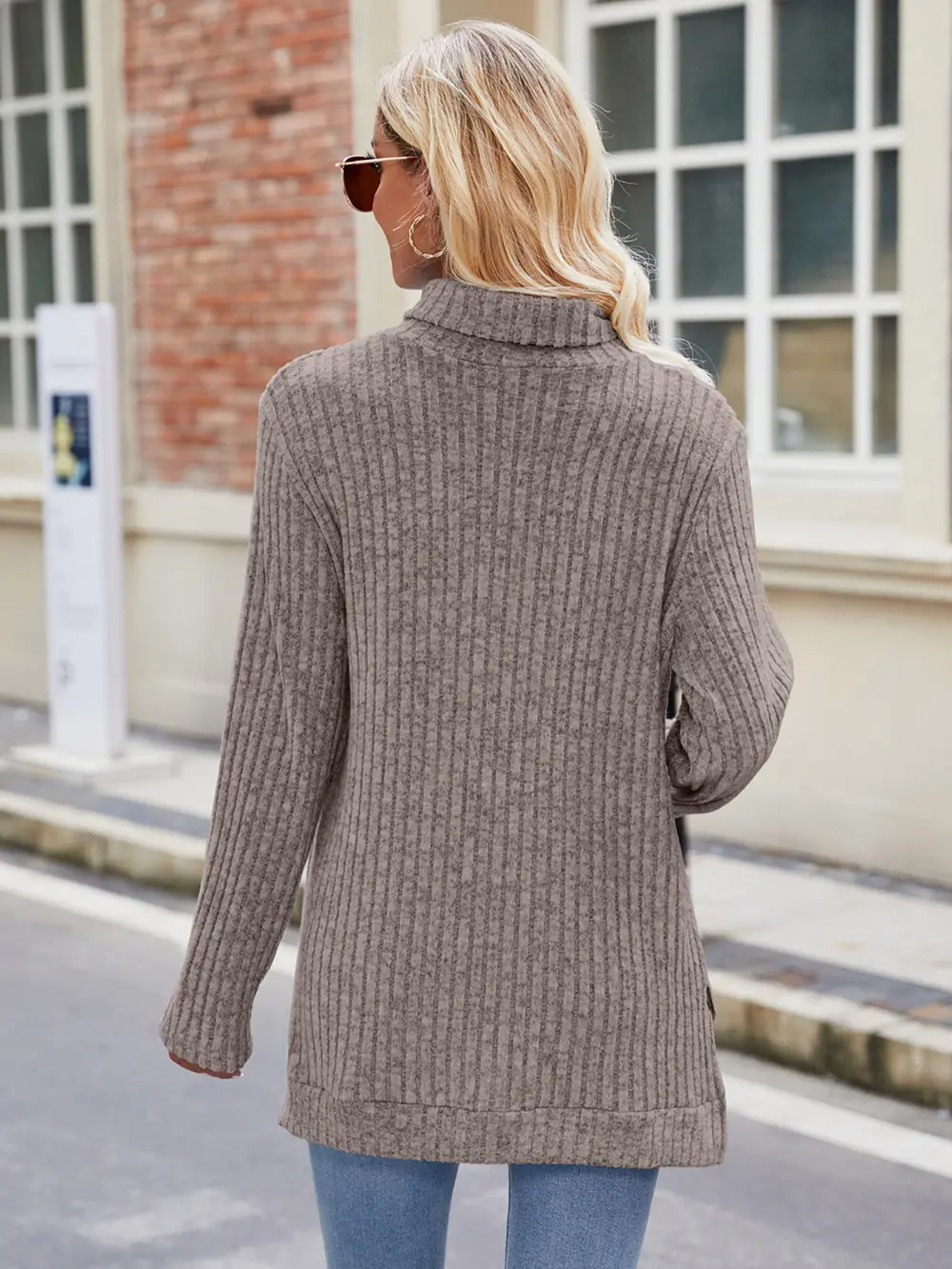 Ribbed Turtleneck Long Sleeve Slit Knit Top, image 3