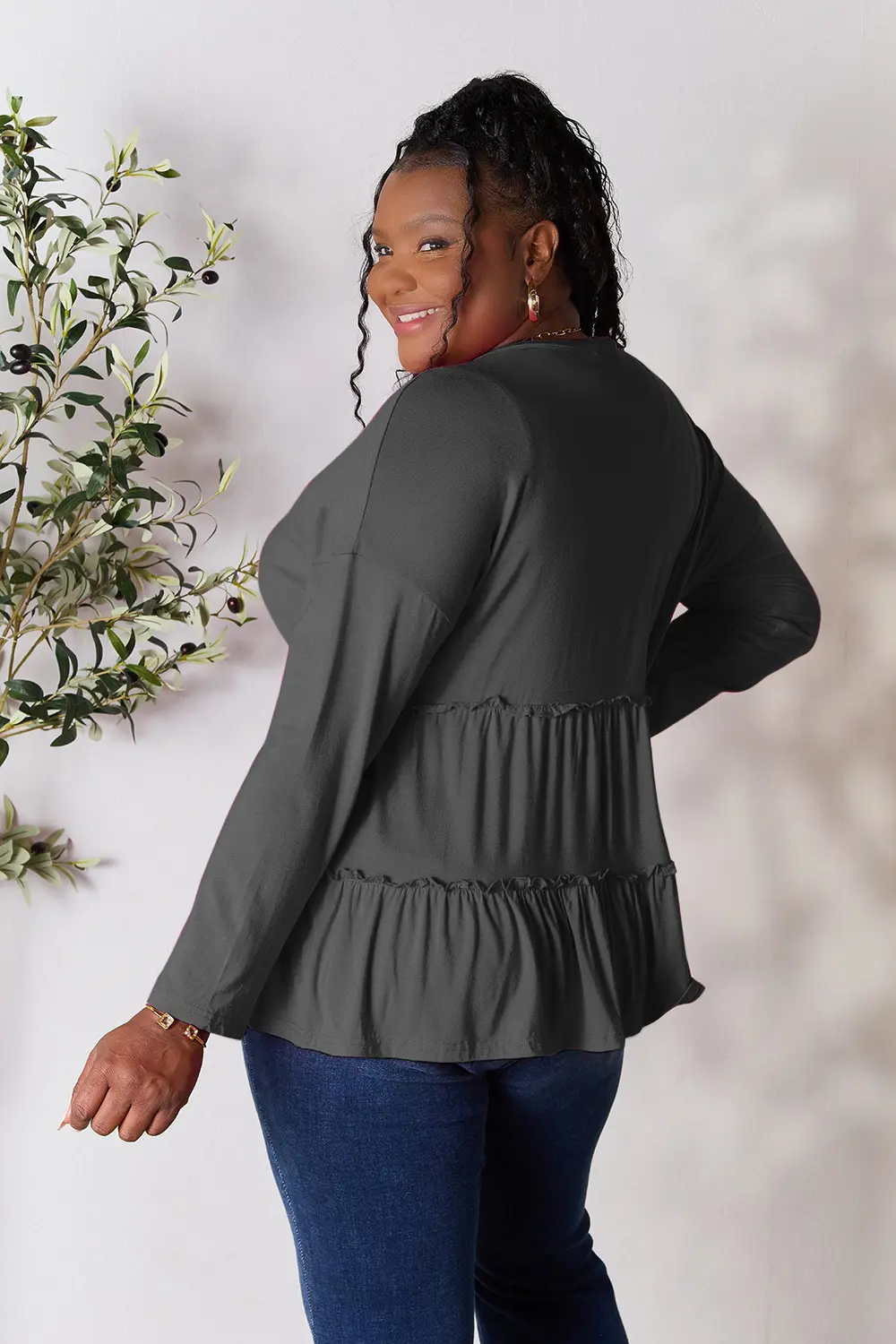 Half Button Long Sleeve Ruffle Hem Blouse, image 31