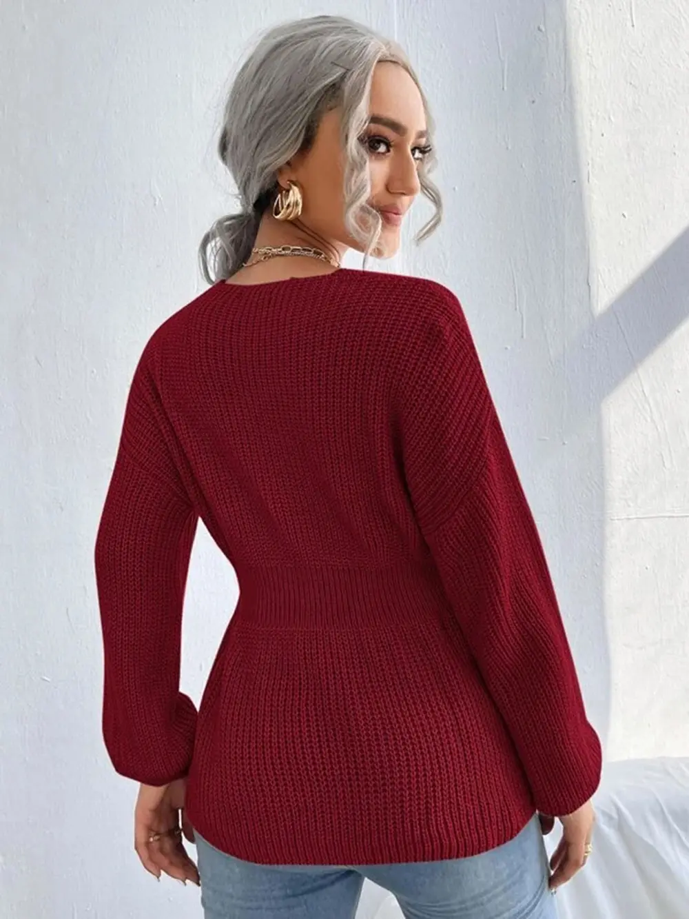 Notched Dropped Shoulder Knit Top, image 3