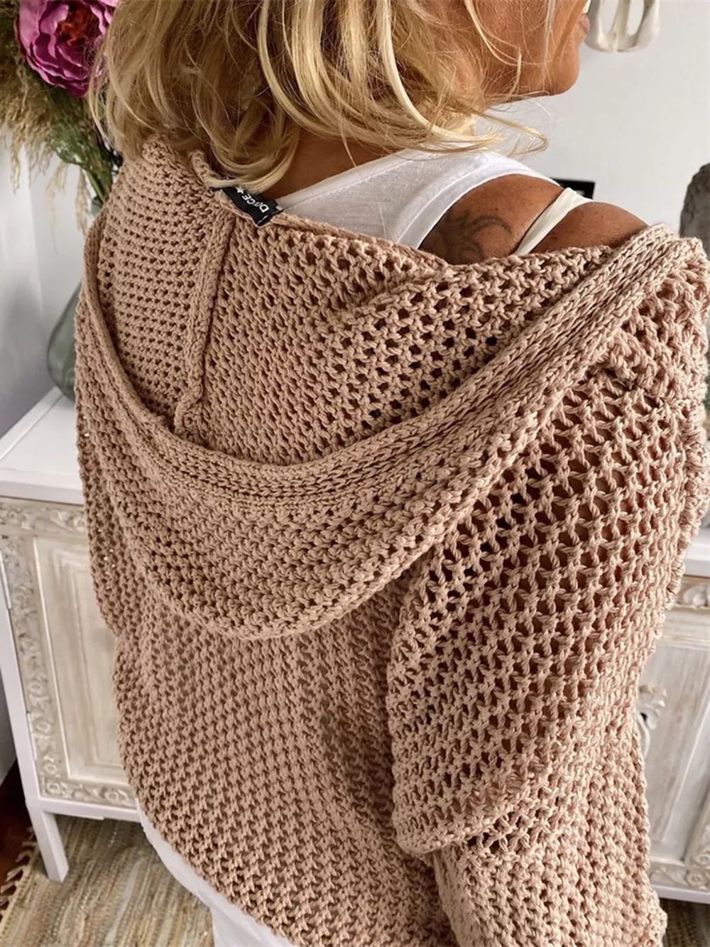 Openwork Hooded Long Sleeve Sweater, image 2