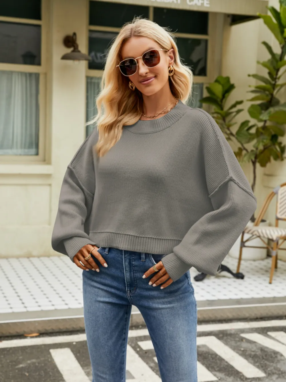 Round Neck Lantern Sleeve Sweater, image 9