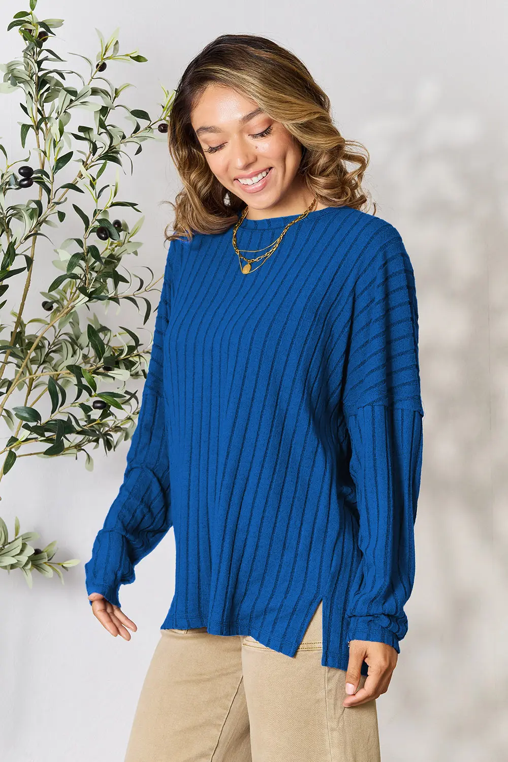 Full Size Ribbed Round Neck Slit Knit Top, image 31