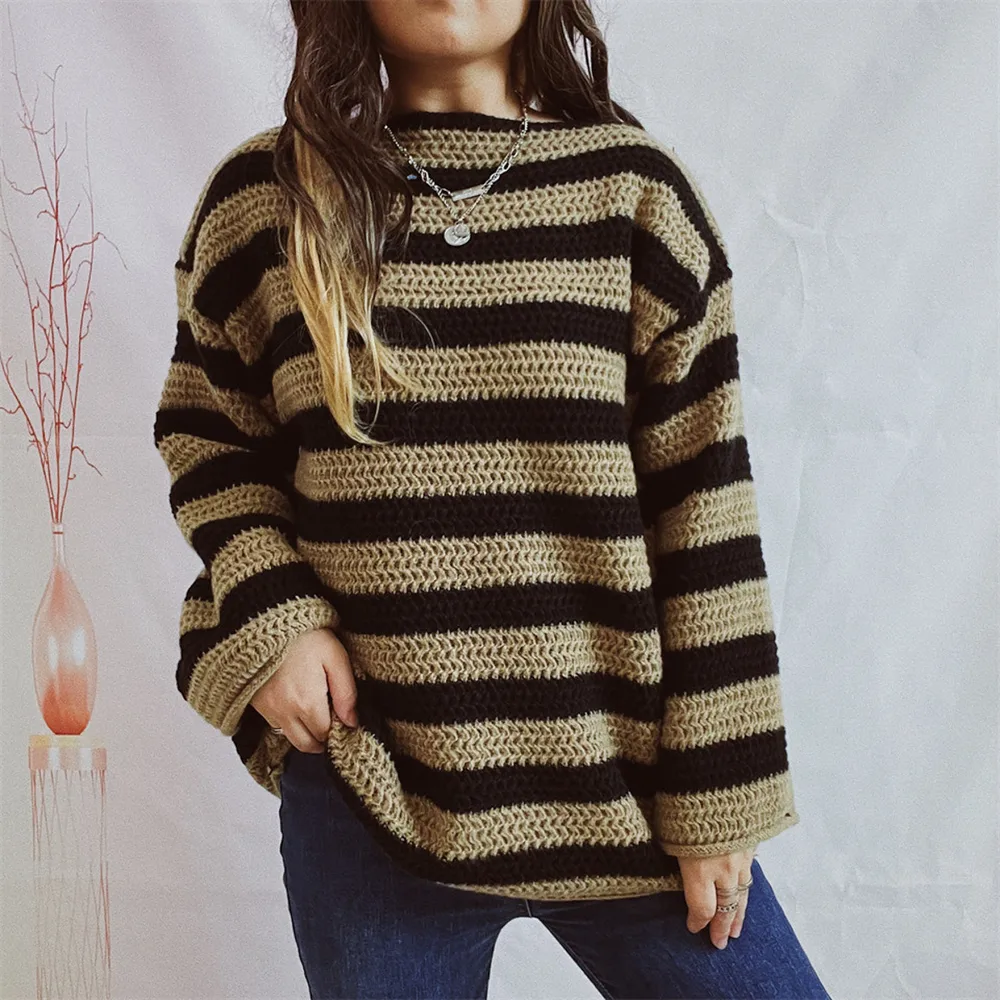 Striped Round Neck Long Sleeve Sweater, image 7